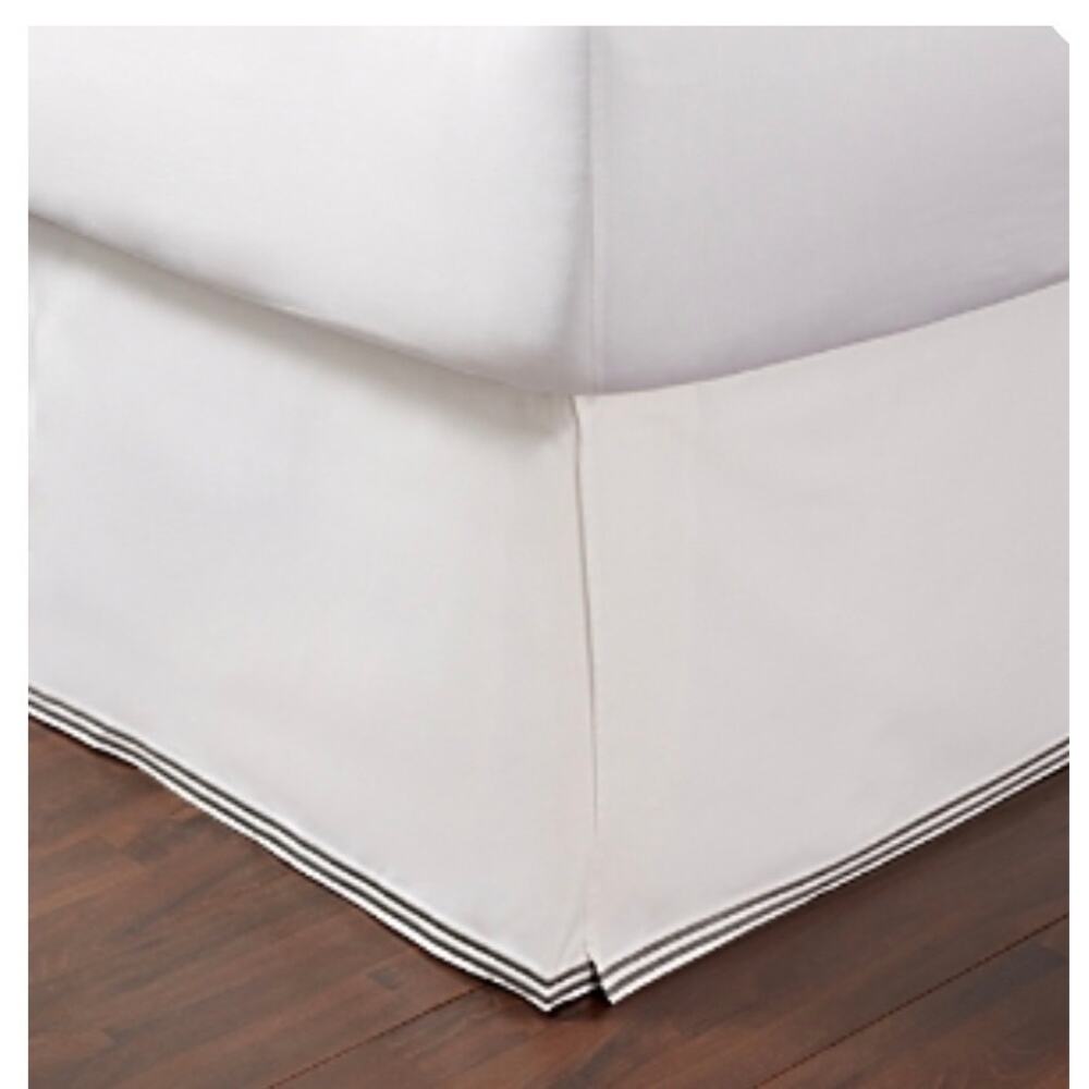 Classic White Bed Skirt with Subtle Grey Stripe Trim.